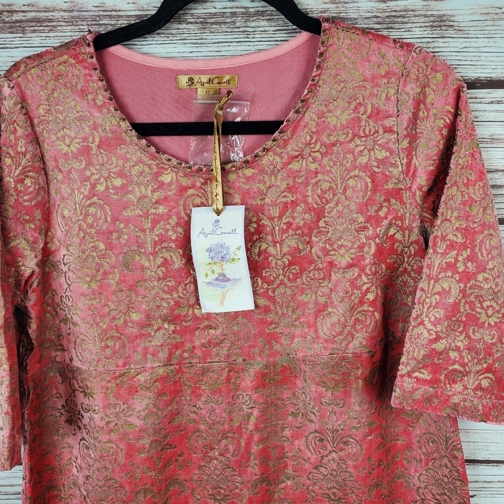 NWT April Cornell Womens XS Salmon/Gold Velvet Damask Embossed 3/4 Sleeve Dress - Picture 2 of 11